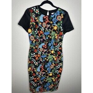 New York & Company Dress Womens 4 Black Floral Embroidered Sheath Short Sleeve